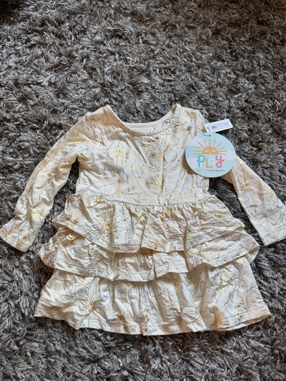 Little Sleepies Cream and Gold Floral Ruffle Dress